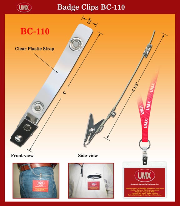 BC-110 Clear Plastic Name Badge Straps with Badge Clips and Snap Buttons