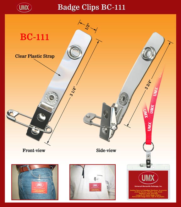 BC-111 Clear Plastic Badge Straps with Badge Clips and Pins