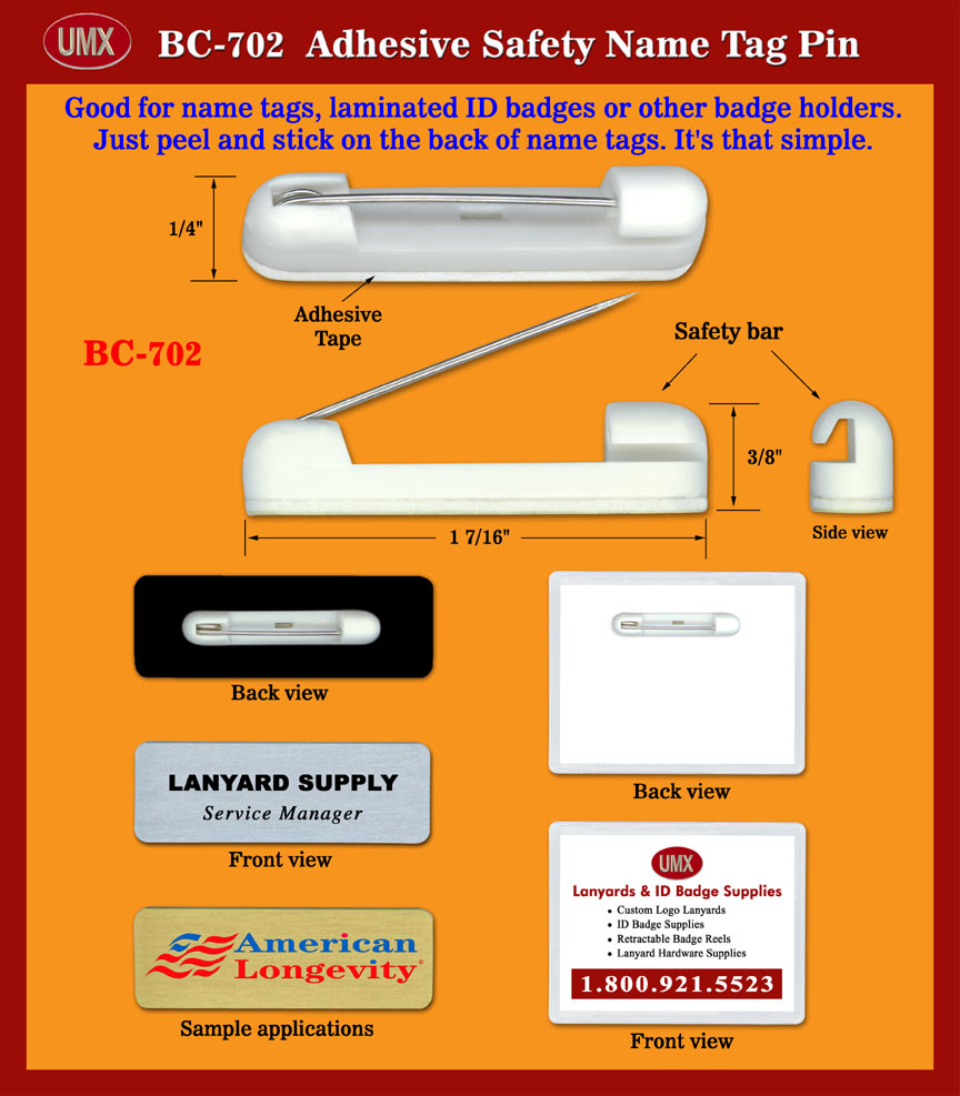 BC-702 Slim Size Safety Nametag Holder Pin Clips With Adhesive Tapes