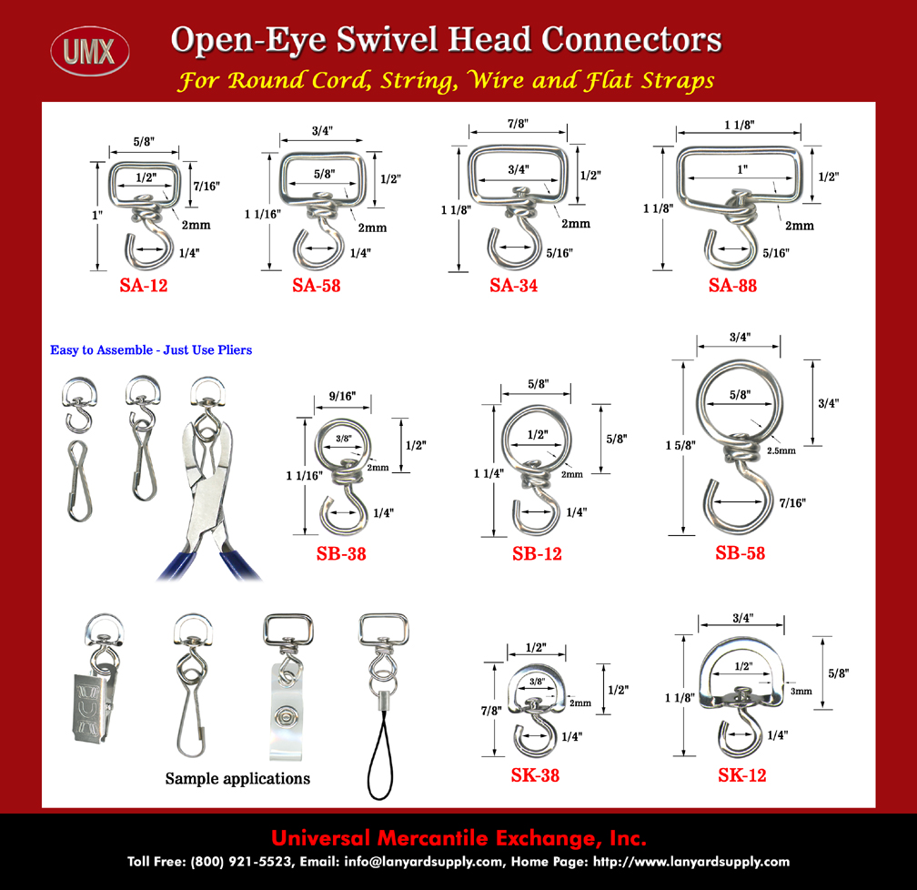 Open-Eye Swivel Head Connector - For Round Cord, String, Wire and Flat Straps.