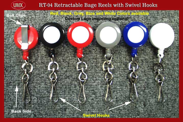RT-04 Retractable ID Card Reels with Swivel Hooks for ID card holders or badge clips