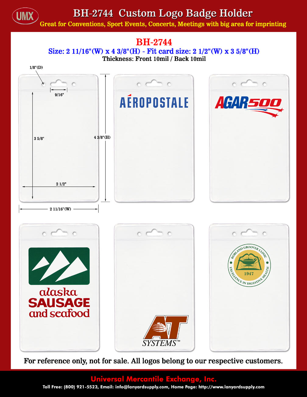 Corporate Logo Printed Name Badge Holder: Credit Card Size Vertical Custom Printed Holders.