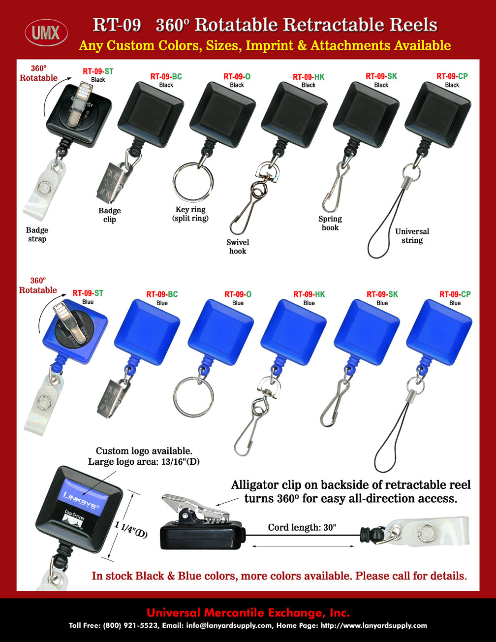 Retractable Name Badge Reels With Square Shape and Rotatable Alligator Badge Clips.