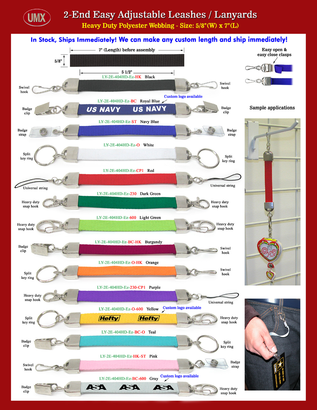 5/8" Ez-Adjustable Double-End Leashes/2-End Lanyards With Plain Color Straps