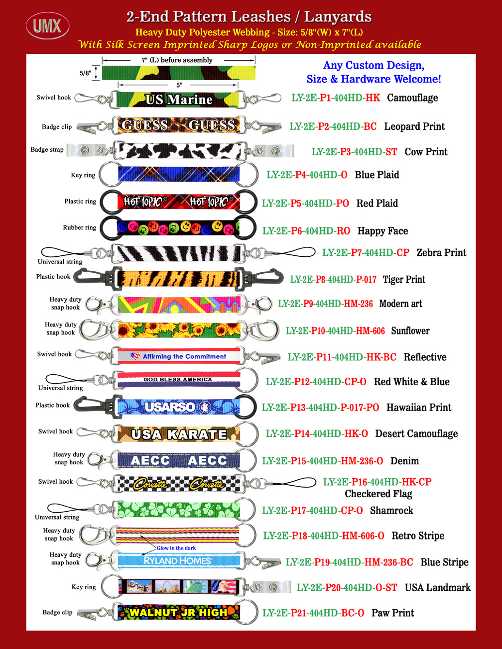 You are viewing Lanyards > Leash > Multiple-End > Custom Designed or Custom Printed Pattern Leashes or Lanyards With Sewn-On Attachments With Non-Custom-Imprinted or Custom-Imprinted Models Available.