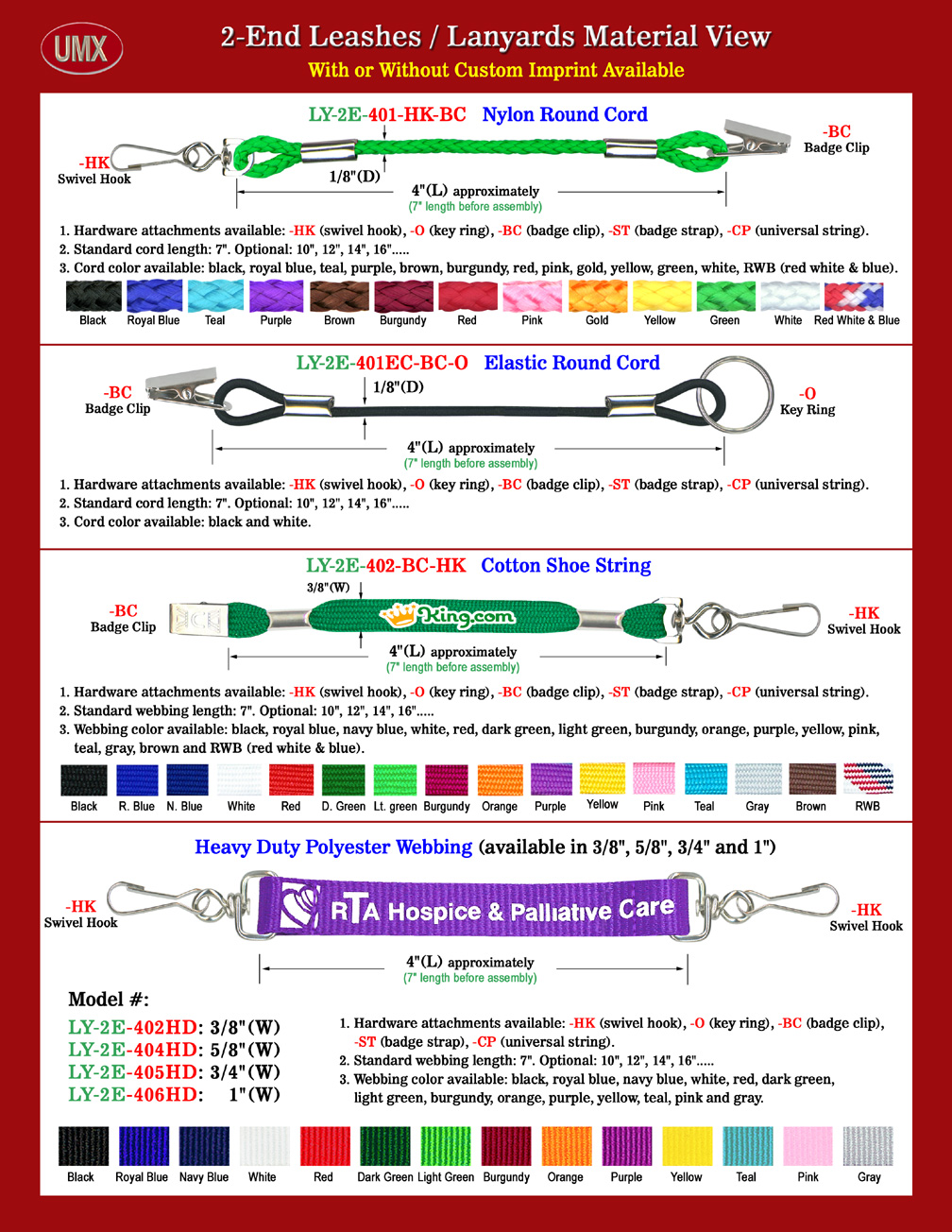 2-End Leashes or Lanyards: General Features About Material, Size, Length and Colors.