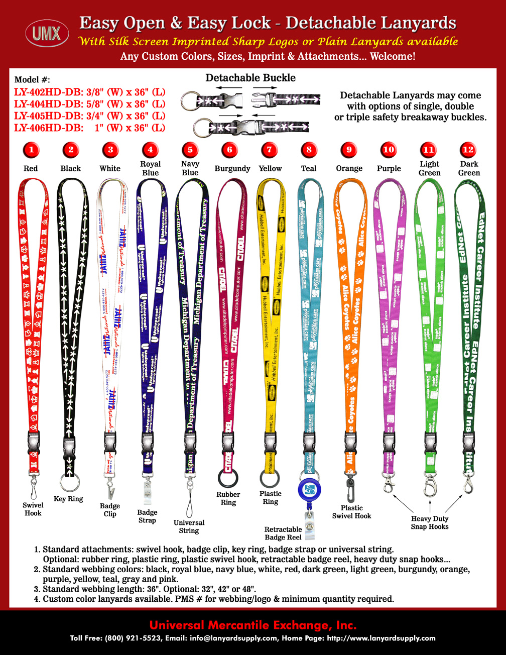 3/8", 5/8", 3/4" & 1"  Heavy Duty Detachable Custom Neck Lanyards with Option of Safety Breakaway Buckles