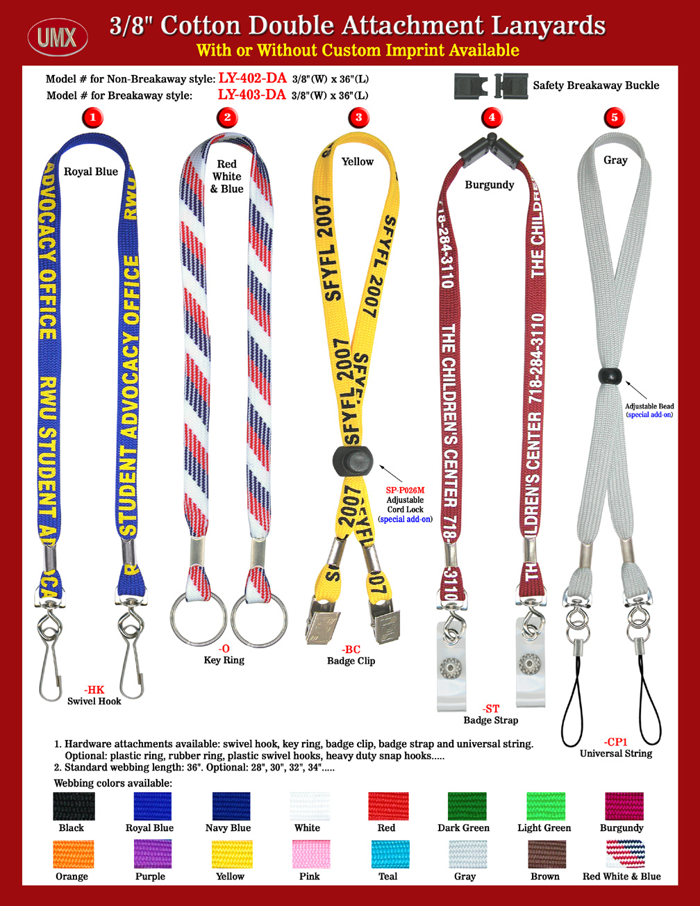 Custom Order 3/8" Cotton Double-Hardware Attachment Neck Lanyards.