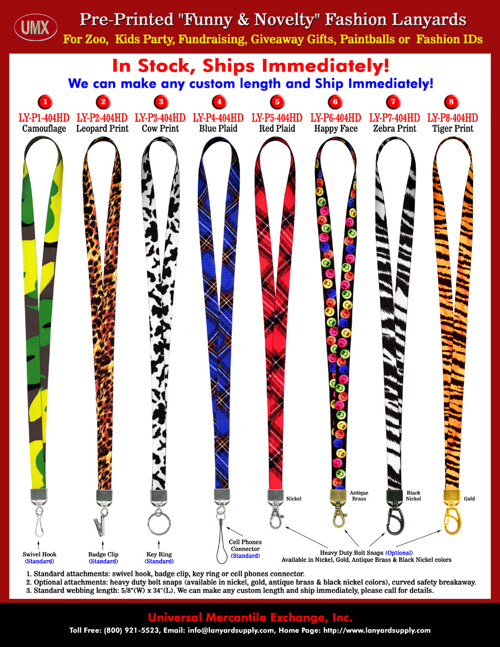 Animal print lanyards come with a variety of eye catching pre-printed wild world jungle themes or safari color patterns, such as leopard print, camouflage theme, zebra prints, tiger prints, cow prints and more. 