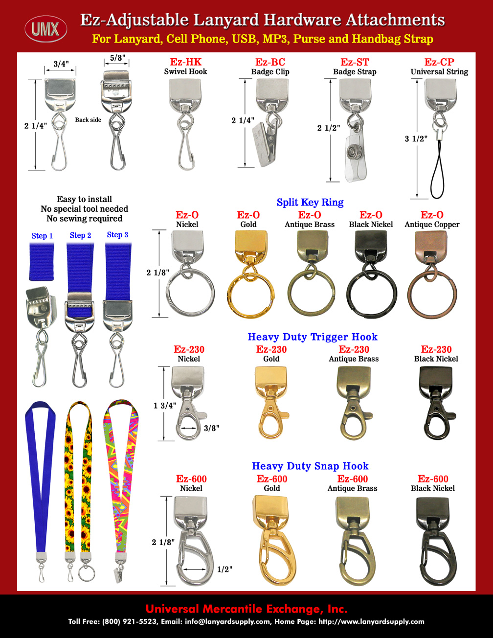 Easy Adjustable Lanyards and Cell Phone Straps Making Hardware: Ez-Adjustable Swivel Hooks, Badge Clips, Key Rings, Cell Phone Connectors and Snap Hooks