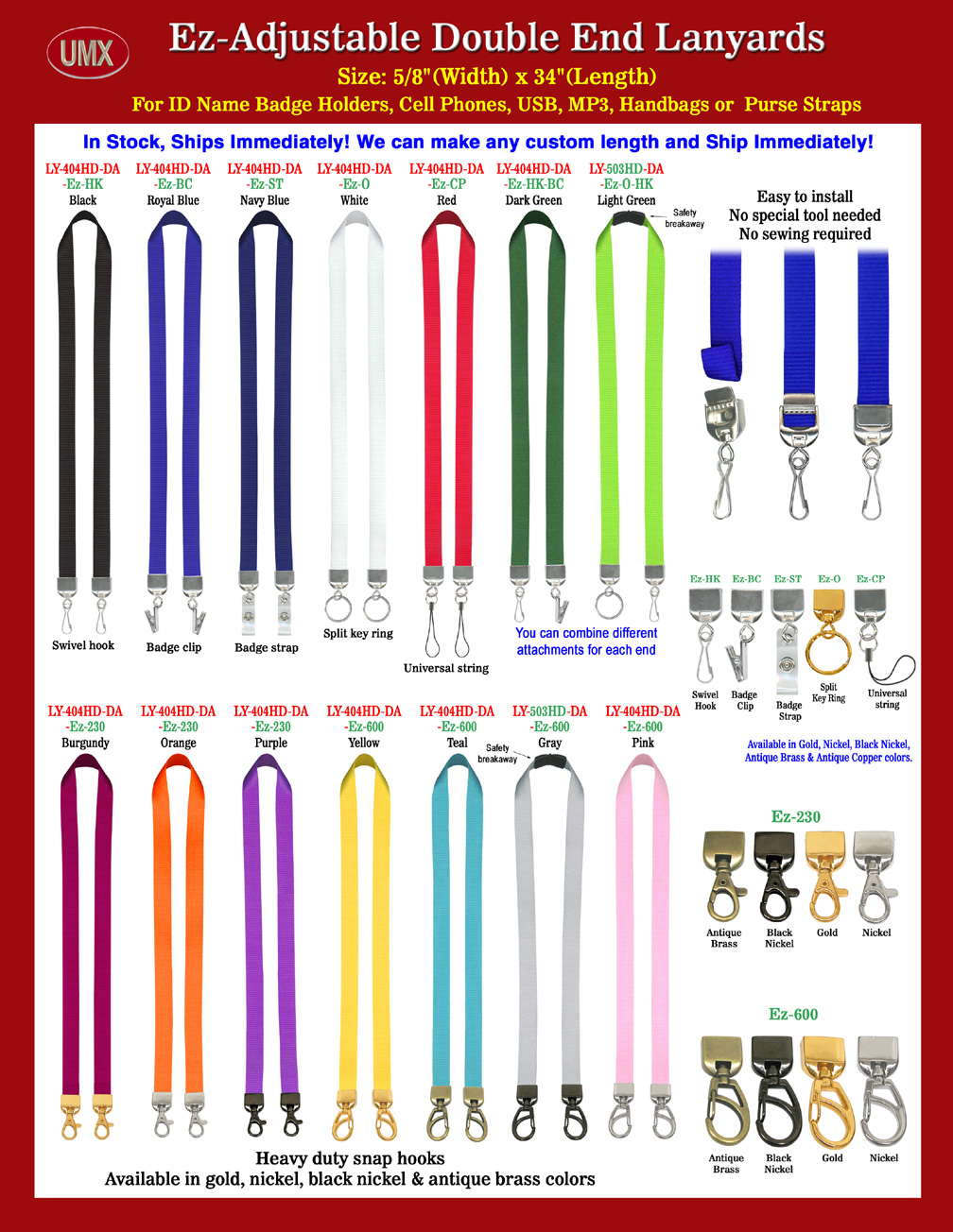 Plain Double Ends Lanyards With Ez-Adjustable Connectors