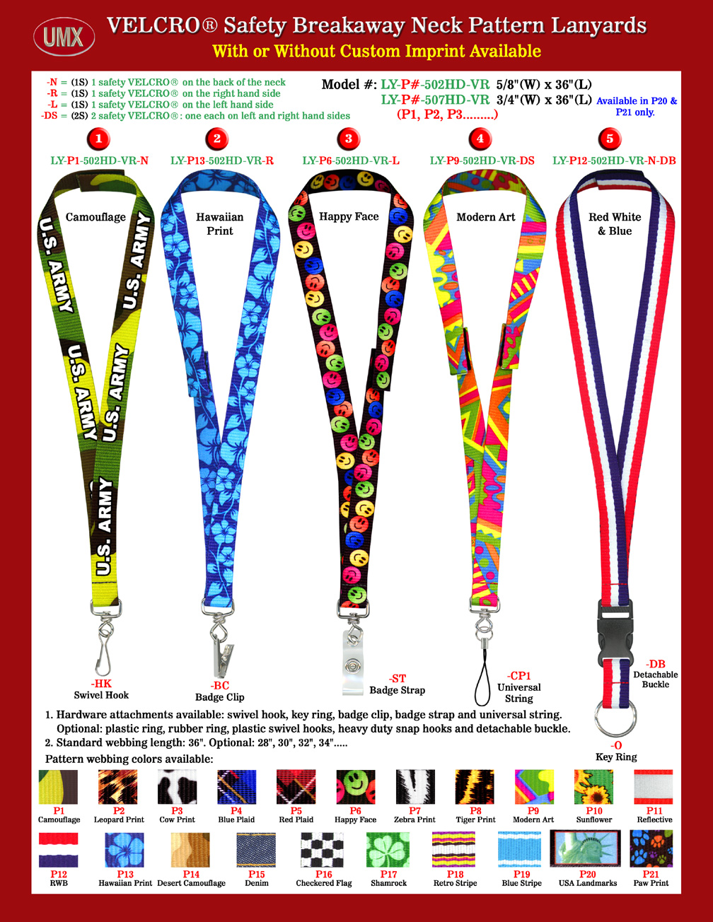 5/8" & 3/4" Pattern Printed Velcro Safety Name Tag Lanyards - WearComfort Models.