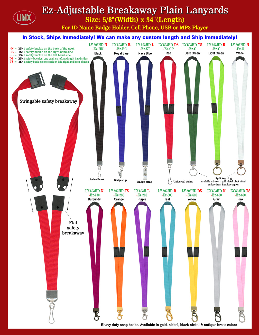 14 Colors of Multiple Safety Breakaway Plain ID Holder Neck Lanyards With Flexible Length.