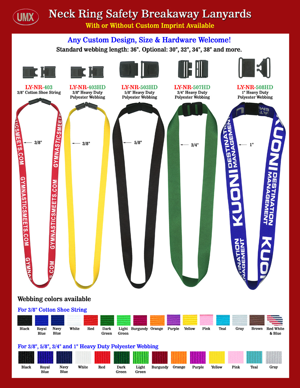 3/8", 5/8", 3/4" and 1" buckle safety neck rings, neck straps or neck band alnayrds come with 14 colors, black, white, royal blue, navy blue, yellow, red, orange, pink, burgundy, light green, dark green, purple, teal and grey color available.