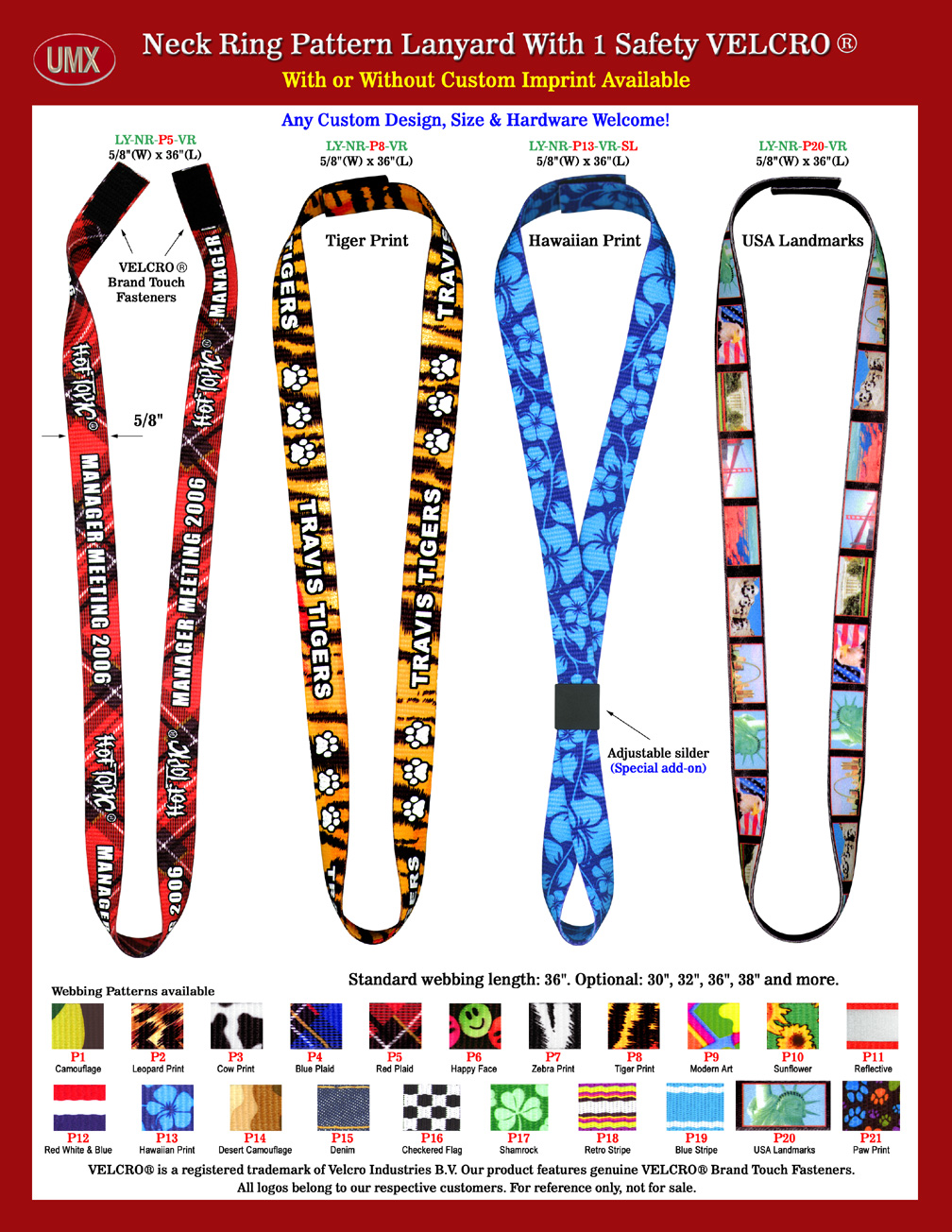 5/8" Velcro Fastener Safety Neck Lanyards, Straps, Bands And Rings With Pre-Printed Themes.
