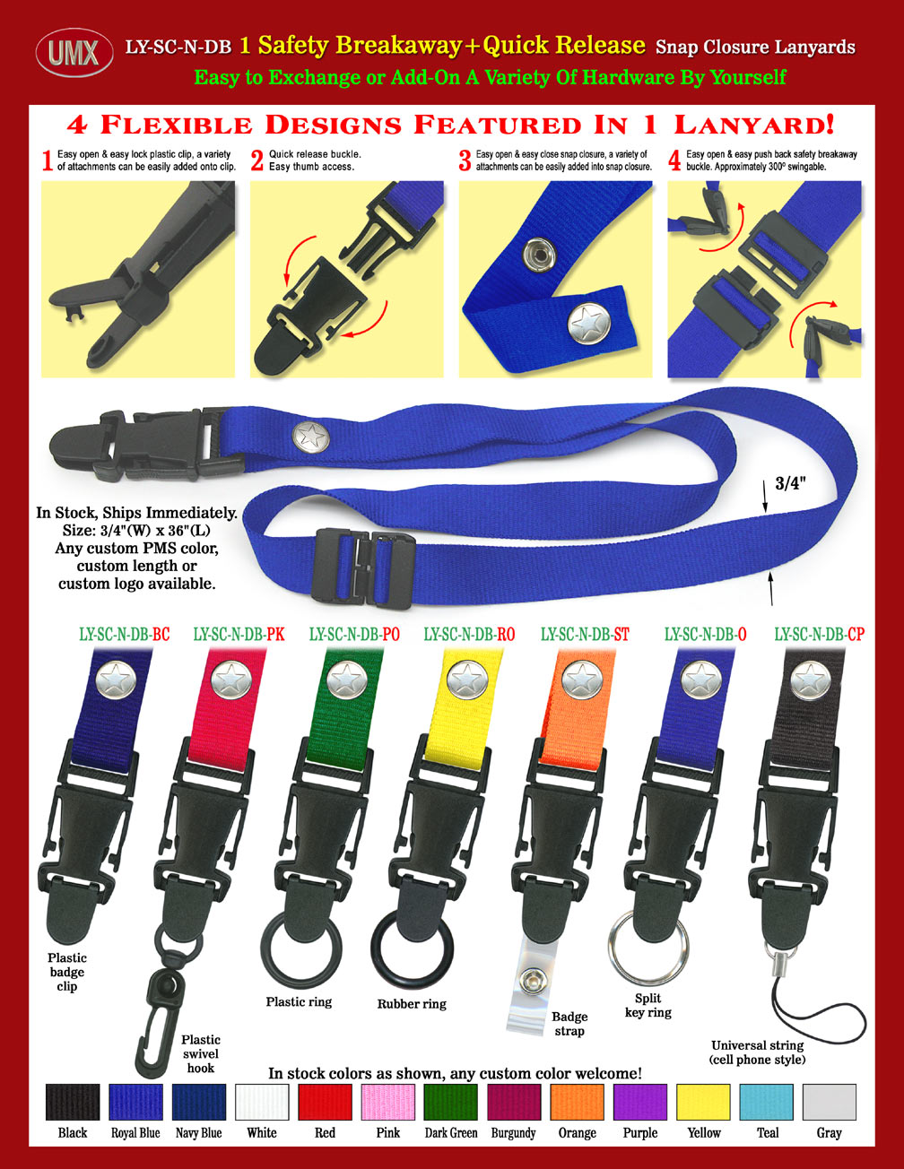 Quick Release Snap-On Safety Lanyards - With One Safety Breakaway On The Back Of Neck.