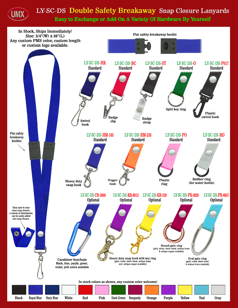 Dual Safety Snap-On Neck Lanyards With Two Safety Breakaway Protection - 3/4" Two Safety Breakaway Lanyards With Double Protection.