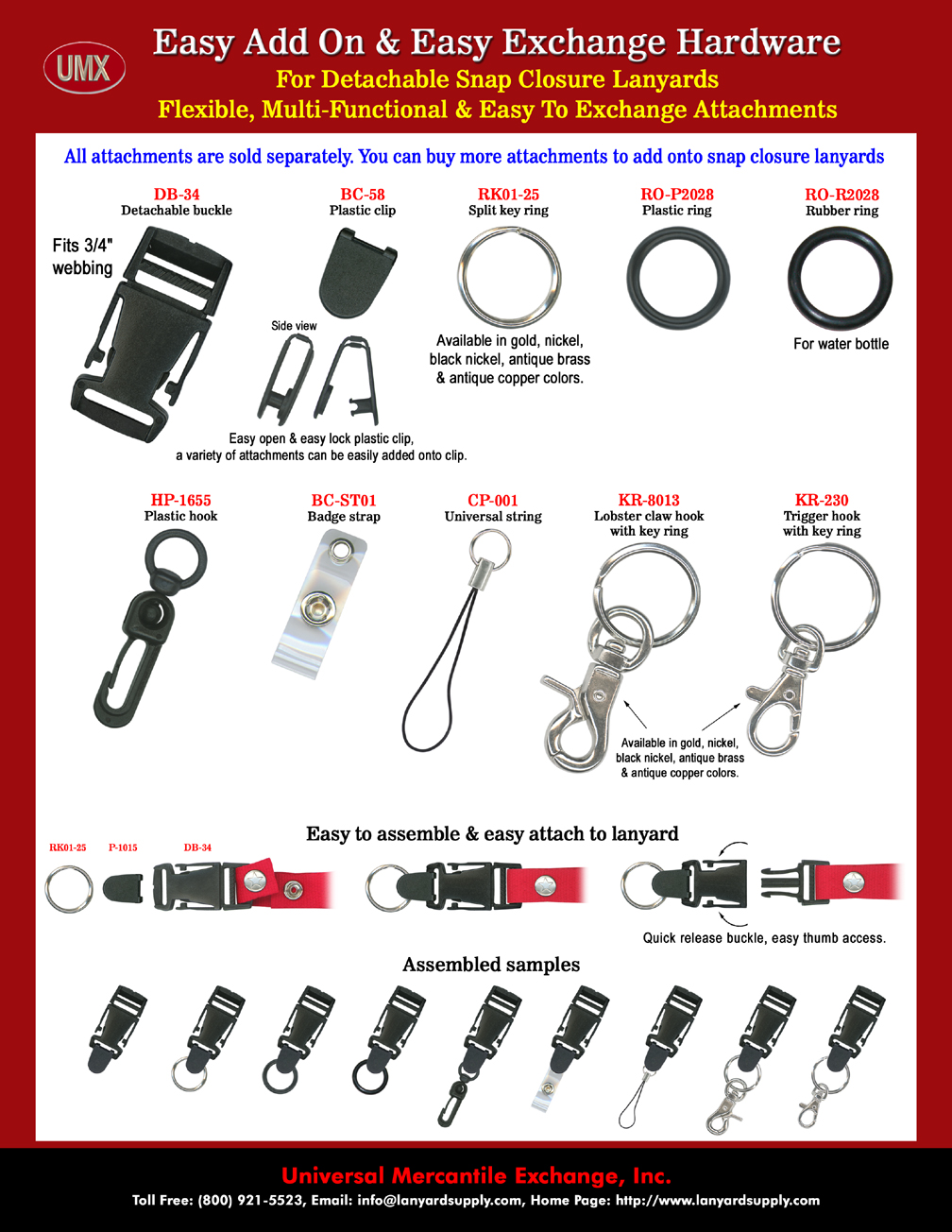 Flexible, Exchangeable and Easy-Add-On Hardware Attachments For 3/4" Quick Release Snap-On Lanyards.