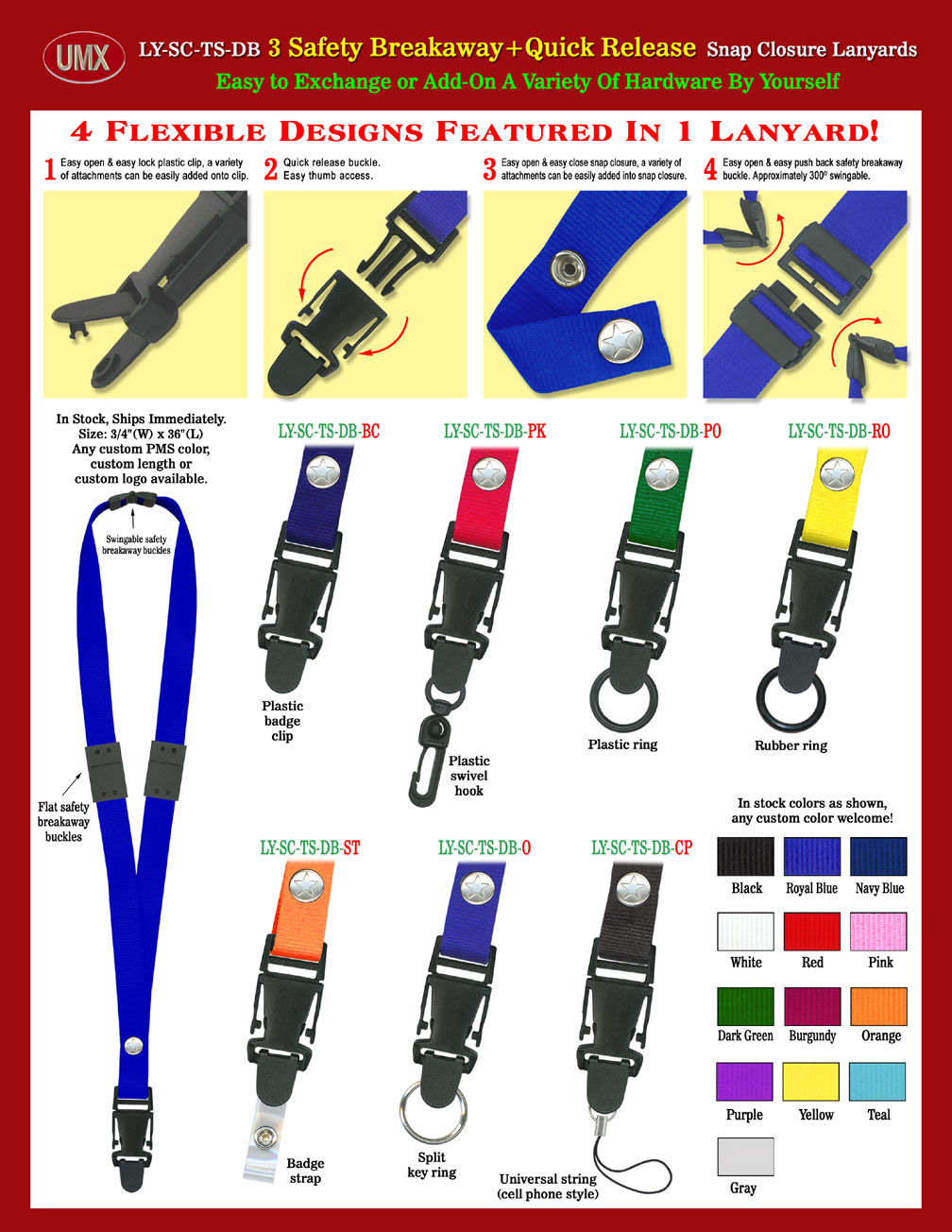 Quick Release and Triple Safety Snap-On Lanyards- 3/4"  Snap-On Safety Lanyards With Three Safety Breakaway Protection.