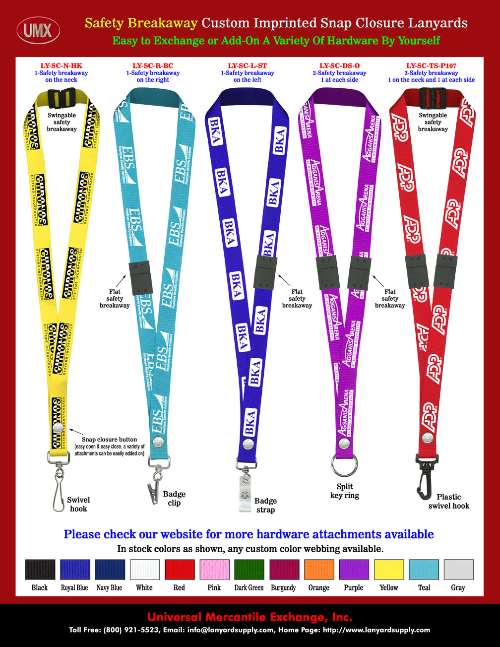 Multiple Safety Breakaway Snap-On Neck Lanyards With Photo Quality Custom Imprint.