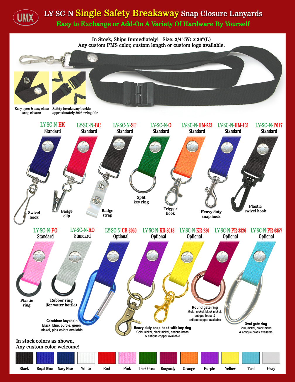 Compact Size Safety Breakaway Snap-On Plain Color Lanyards - 3/4" Safety Breakaway Lanyards With Compact Size Breakaway Buckles.