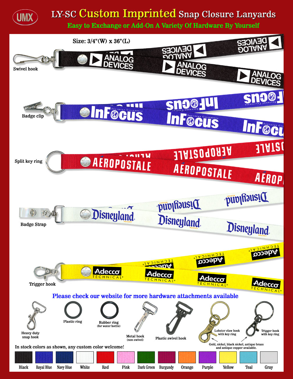 Full Color Custom Printed Snap-On Lanyards With Sharp Imprinted Images - 3/4" High Quality Custom Imprinted Lanyards With 13-Color Of Straps Available.