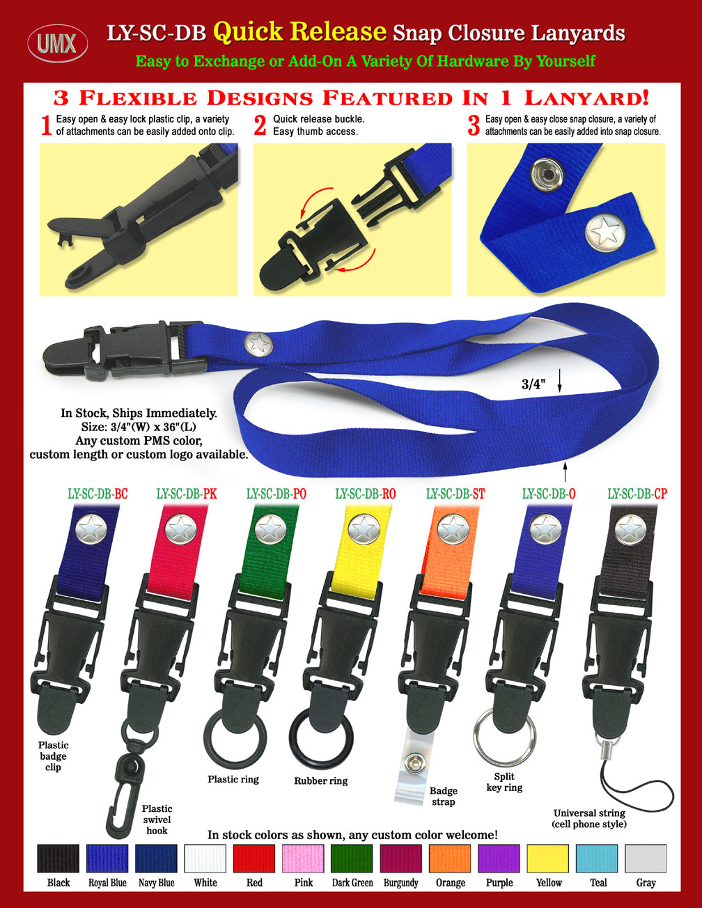 Ship It Now! 3/4" Quick Release Snap-On Lanyards - 3/4"  Detachable & Quick Release Snap-On Lanyards For Same Day Shipping With 13-Colors In Stock.