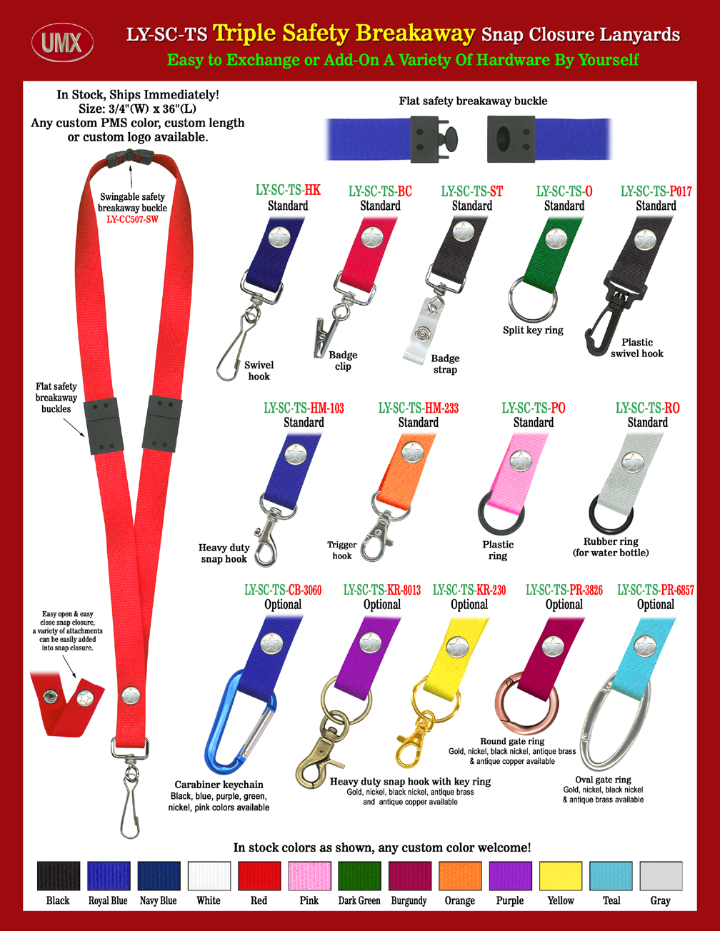 Triple Safety Snap-on Neck Lanyards With Three Safety Breakaway Locations - 3/4" Three Safety Breakaway Lanyards With Triple Protection.