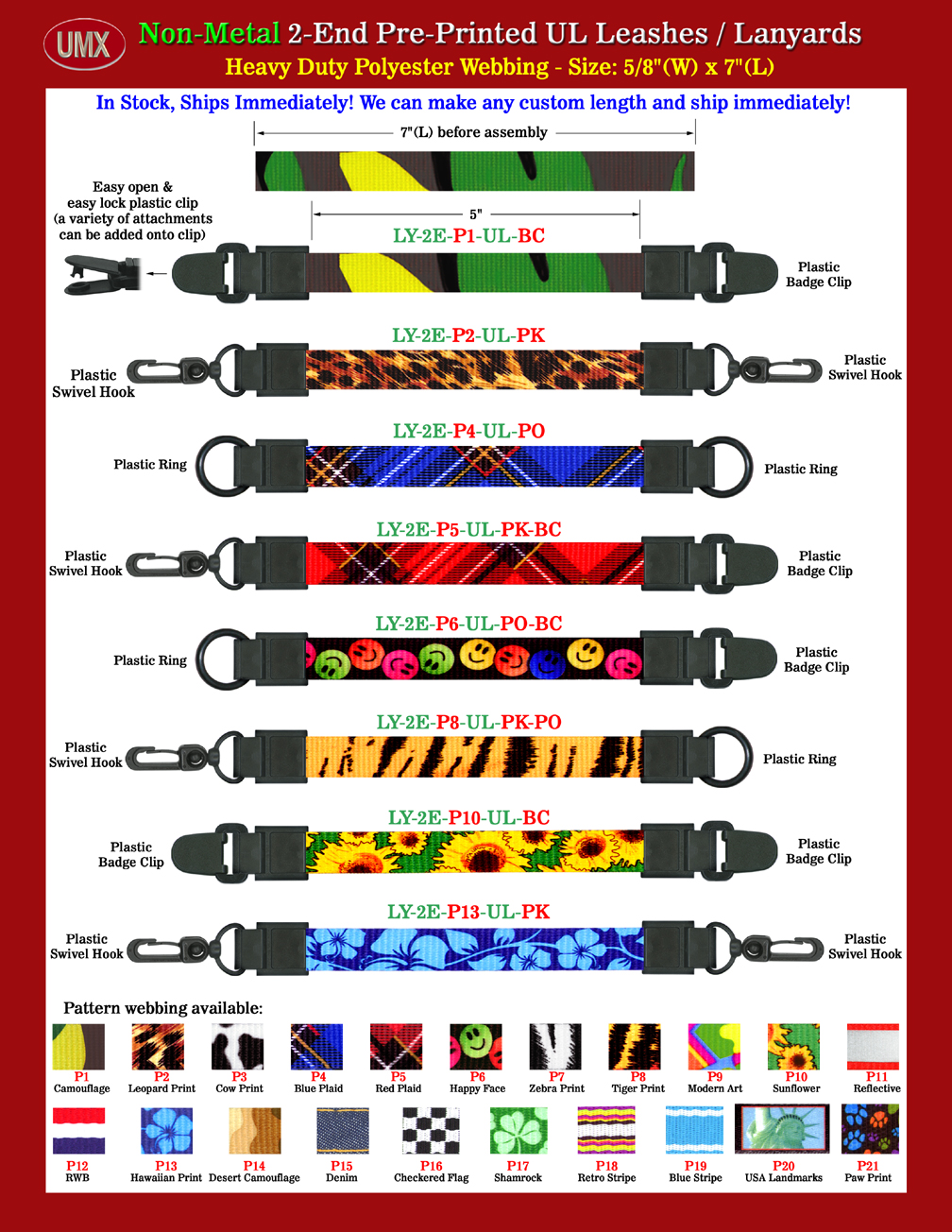 5/8" Pre-Printed Pattern Universal Link All Plastic Attachment 2-End Leashes.