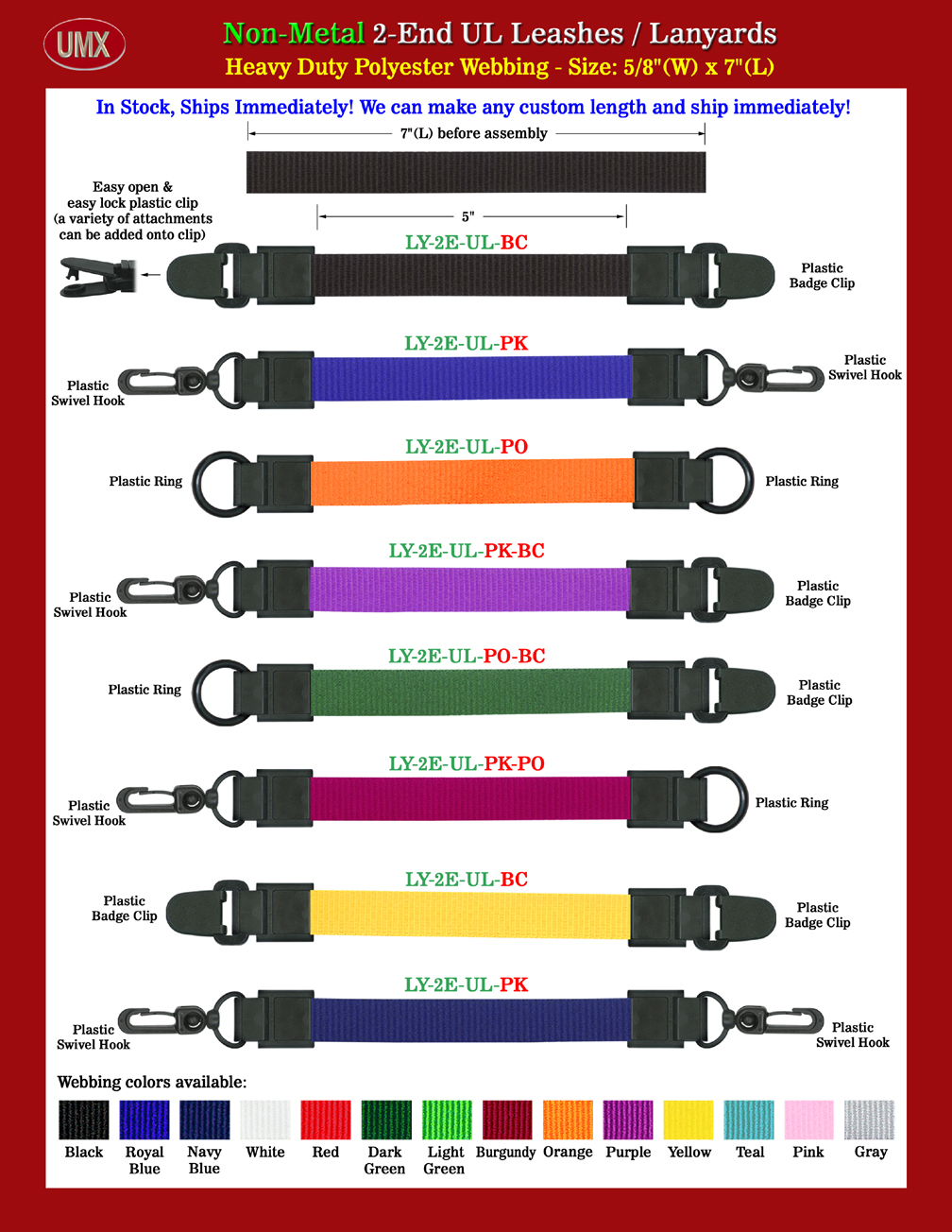 5/8" Plain Color Universal Link No Metal Hardware 2-End Leashes