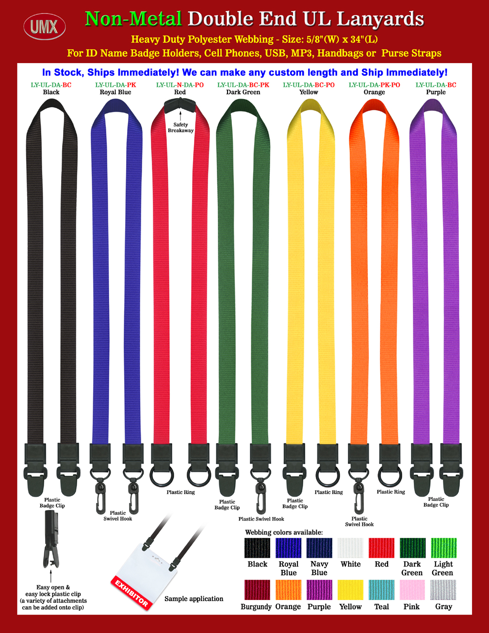 5/8&quot Plain Color Double-End Plastic Hardware UL Neck Lanyards.