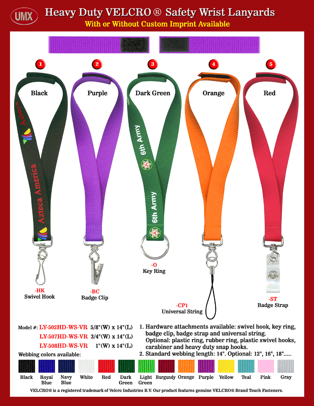 Custom Size or Custom Imprinted Safety Breakaway Velcro Heavy Duty Wrist Lanyards