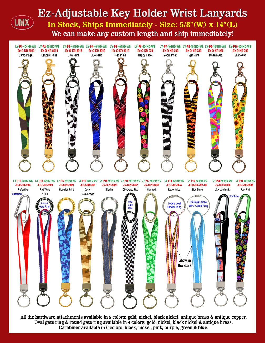 Key Holder Wrist Lanyards With Pre-Printed Forest Camouflage, Leopard, Cow Print, Blue and Red Plaid, Happy Face, Zebra Print, Tiger Print and Modern Art Themes.
