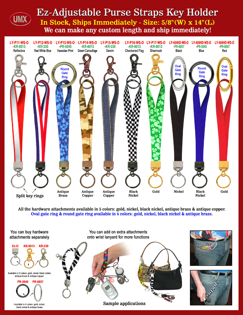 Key Holder Wrist Lanyards With Pre-Printed Sunflower, Reflective, Red-White-Blue Stripes, Hawaiian, Desert Camo and Denim Patterns